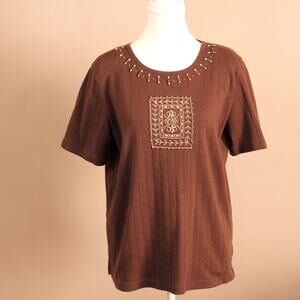 Alfred Dunner Embroidered Beaded Womens  Short Sleeve Brown Top Sz Sm